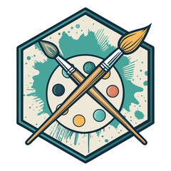 An artistic hexagonal emblem featuring paintbrushes and a palette. .