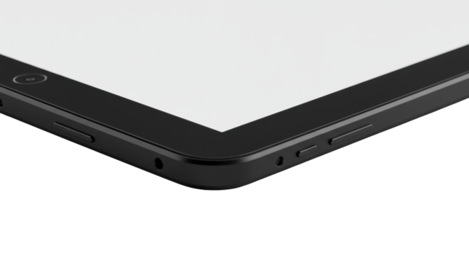 Extreme macro of a sleek black tablet, blank glowing white screen against a matte black body, showcasing razor-thin aluminum edge and brushed metal frame on a transparent background, concept of