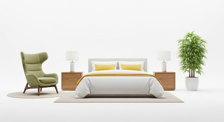 Serene Bedroom Interior with Modern Furnishings A Minimalist Design Featuring a Bed, Armchair, and Plant Against a Clean White Background for a Peaceful Ambiance