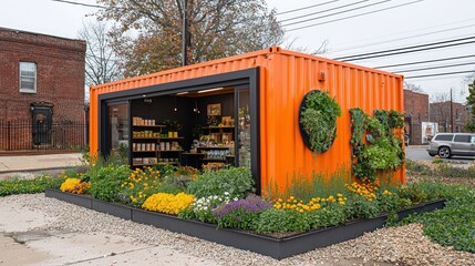 Orange container converted into a shop, surrounded by flower garden