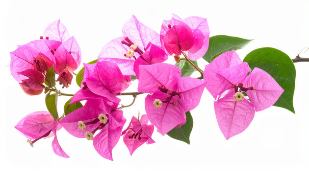 Vibrant pink bougainvillea flowers with green leaves on a white background pink flowers delicate - Powered by Adobe
