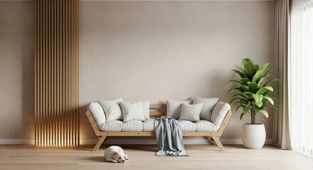 Serene Interior with Wooden Sofa, Lush Plant, and Sleeping Dog A Peaceful Home Scene Featuring Natural Light, Neutral Tones, and a Relaxing Atmosphere for Modern Living