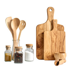 Set of Wooden Kitchen Utensils and Spices in Glass Jars