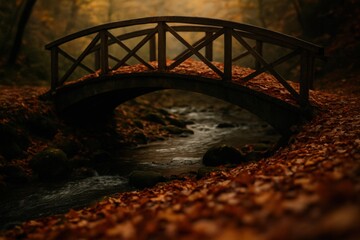 A captivating woodland scene unfolds, with a rustic wooden bridge arching elegantly over a tranquil stream, surrounded by the warm embrace of autumn foliage.