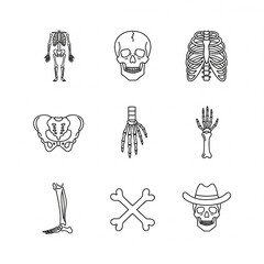 A comprehensive set of nine black and white line icons illustrating the human skeletal system and related concepts.