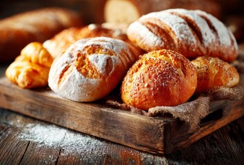 Freshly baked bread and pastry assortment on rustic table