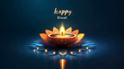 Radiant diya illuminates vibrant lotus petals, casting warm glow for a magical happy Diwali celebration, evoking peace and joy.