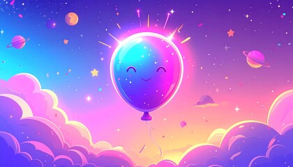 Colorful balloon floating in a dreamy galaxy with stars and planets illustration