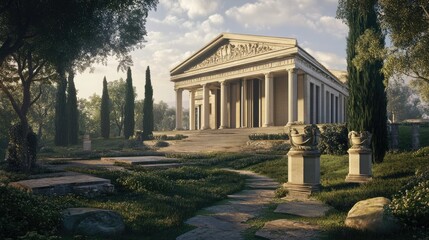 Serene Ancient Greek Temple in a Lush Garden