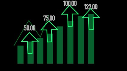 Green bar chart with rising arrows and numeric data on black background highlighting growth trends. Green bar chart with upward arrows and numerical values on black background showing data trends. - Powered by Adobe