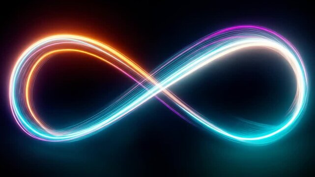 Abstract glowing infinity symbol with vibrant neon light trails, symbolizing endless energy, continuity, and unlimited potential.