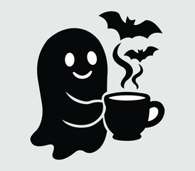 Ghostly Brew A Spooky Silhouette Scene of Halloween Fun with Coffee and Bats for a Festive Vibe