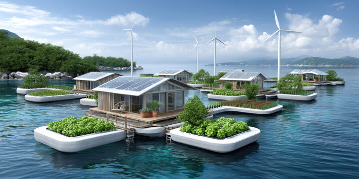 Environmental conceptual floating sustainable village with solar roofs and wind turbines