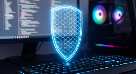 Blue glowing shield icon on a keyboard signifying data protection and cybersecurity. Digital security concept for technology.