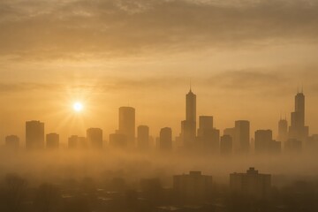 An ethereal urban scene of a cityscape shrouded in mist at sunrise, with buildings silhouetted against a radiant sun, creating a sense of peace.