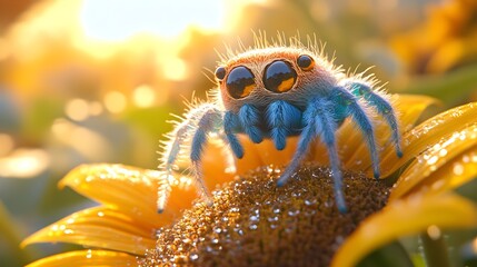 Adorable jumping spider on a sunflower in the sunlight