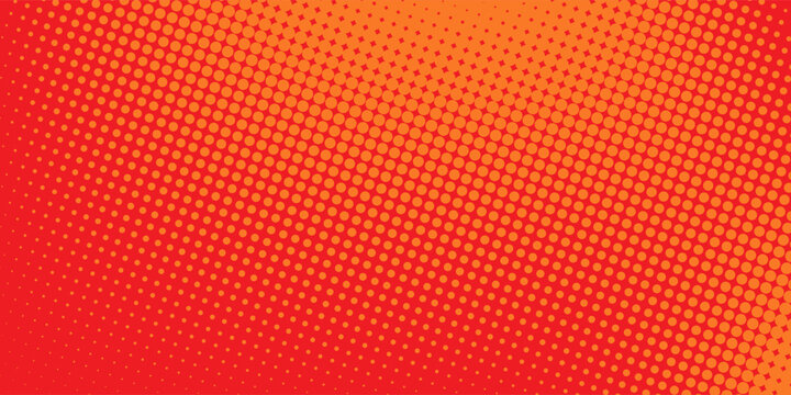 Polka dot pop art halftone pattern. Red dots on orange background
