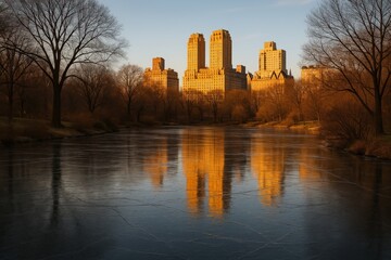 A majestic building is gracefully reflected in the tranquil lake, capturing a moment of serenity and architectural wonder. The warm embrace of sunlight kisses the scene.