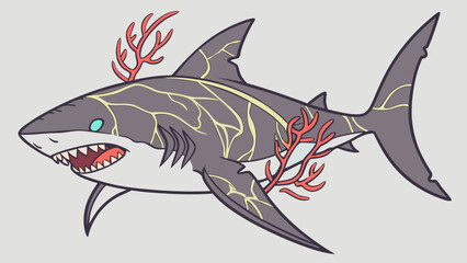 Stylized Shark with Coral Adornments and VeinLike Patterns Fierce Expression