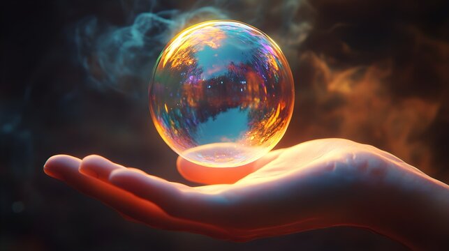 A hand cradles a glowing, iridescent orb against a dark, atmospheric background.