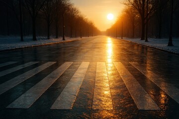 A serene, sun-kissed pedestrian crossing on a tranquil avenue is capturing the mesmerizing light in a vibrant display of urban beauty.