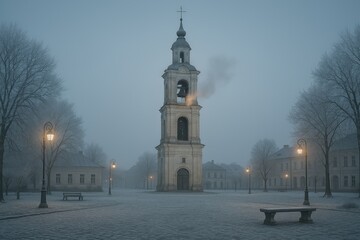 A tranquil morning view of an old church tower. The tower stands tall, with its intricate details softly defined by the enveloping fog. The serene scenery invites reflection and a moment of peace.