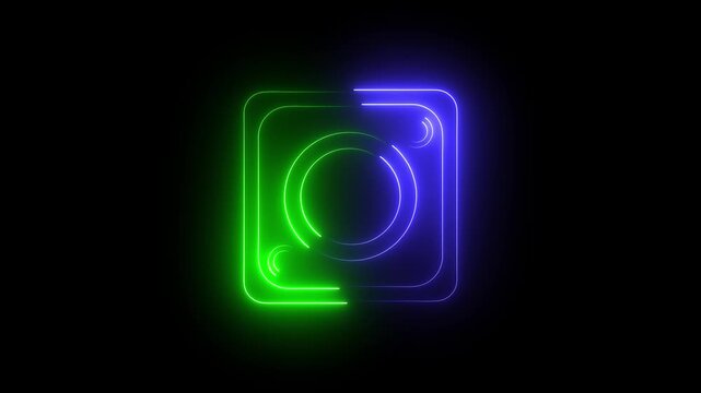 Glowing dual neon camera icon outline on black background for photo and photography design. Dual neon outline of a camera icon glowing on black background for photo and photography visuals.