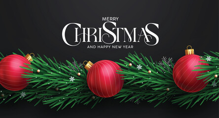 Merry Christmas greeting card clipart banner. Christmas garland clip art design with red balls and spruce leaves decoration elements for holiday season black elegant banner vector illustration.
