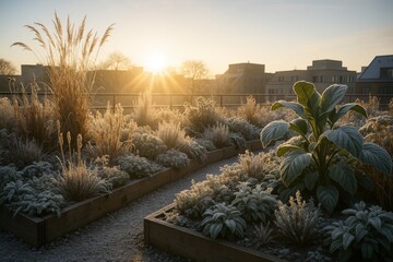 An urban rooftop garden bathed in the soft light of dawn, featuring various frost-kissed plants and pathways, symbolizing the harmonious blend of nature and urban life.