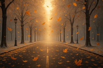 An inviting autumn scene where leaves cascade down a road. Capturing the essence of autumn with falling leaves, the tranquil atmosphere.