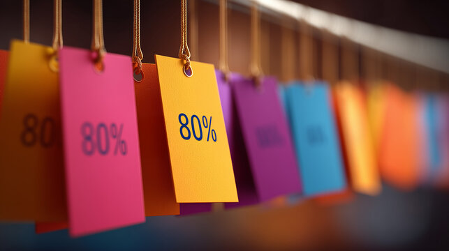 Ai colorful discount tags displaying percentage savings in a retail store during a busy shopping season