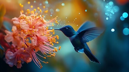Hummingbird feeding on flower, vibrant bokeh background, nature scene, stock photo