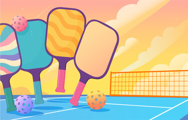 Colorful pickleball paddles and balls arranged playfully on a court with a vibrant sunset background and soft cloud shapes in a fun cartoon style