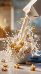 Pouring creamy milk onto cereal creates a delicious breakfast moment with a splash, perfect for a wholesome start to the day and capturing pure joy