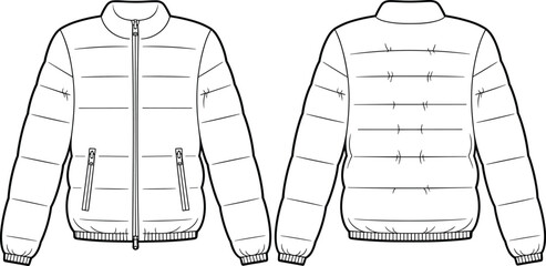 Technical puffer jacket sketch, front back view, quilted design, ribbed cuffs hem, zipper closure, fashion template, garment illustration, apparel outline © Shahariar's World