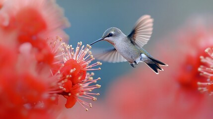 Hummingbird feeding red flower, garden, blur background, nature photography