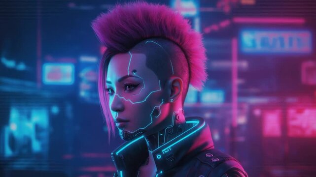 Cyberpunk woman with pink mohawk and neon face markings in a city at night