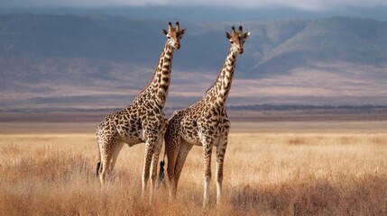 Obraz premium Two majestic giraffes stand tall in the vast African savanna,
