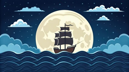 Silhouette of a majestic tall ship sailing across a calm ocean under a giant luminous full moon at night