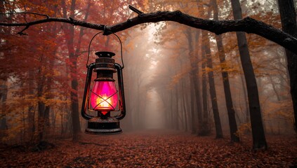 Vintage lantern autumn forest lantern tree branch light