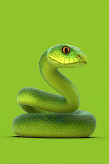 Fototapeta premium A vibrant green snake coiled elegantly against a bright green background, showcasing its striking features