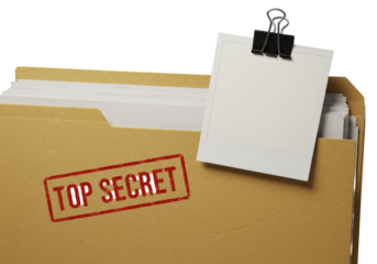 Weathered manila folder ajar, blurred documents, red 'TOP SECRET' stamp, blank instant photo with clip on transparent, macro shot concept of classified information.