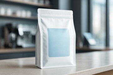 Blank white coffee bag mockup with blue label standing on countertop in modern kitchen interior with blurred background for branding display template. Ai generative