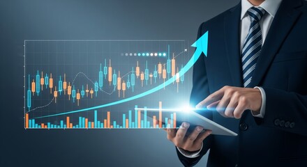 Businessman holding tablet with oversized glowing candlestick chart and rising arrow — stock market growth, fintech investment, financial analytics