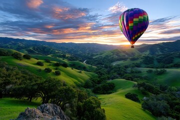 Naklejka premium Colorful hot air balloon floating over rolling green hills at sunset in California