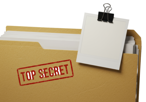 Weathered manila folder ajar, blurred documents, red 'TOP SECRET' stamp, blank instant photo with clip on transparent, macro shot concept of classified information.