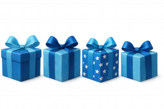 Blue gift boxes with ribbons and bows standing in a row, featuring star pattern, representing celebration and presents