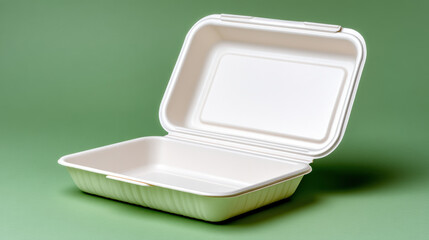 White compostable food container on green background sustainable packaging lunch box eco friendly takeout box with open lid