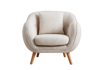 Cream-colored, rounded armchair with light-brown legs