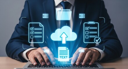 Businessman Typing on Laptop with Holographic Cloud Storage and Document Management